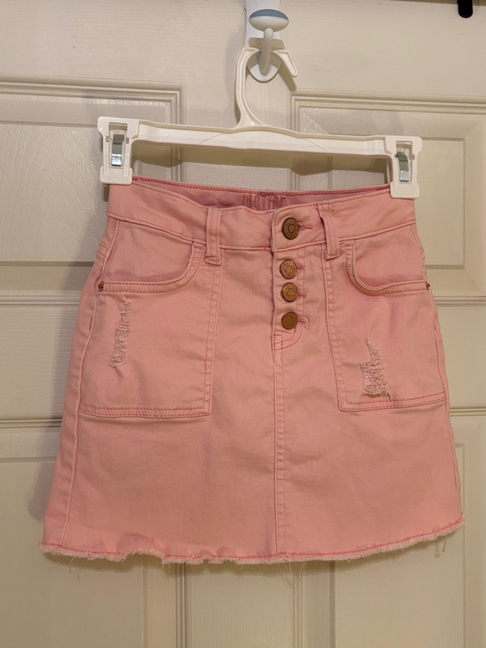 Justice Light Pink Distressed Denim Mini Skirt